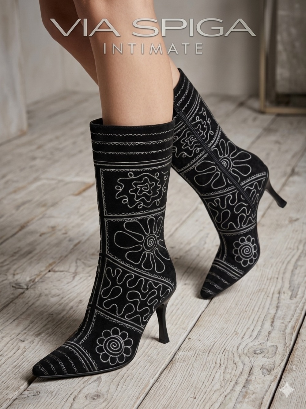 NWOB Via Spiga Black Boots with White Embroidery